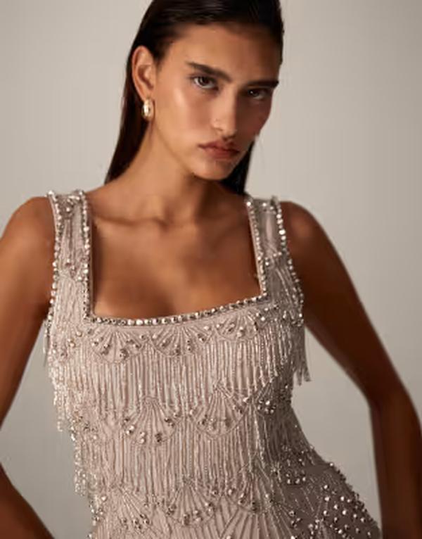 アレンジ レディース トップス シャツ フリンジ ARRANGE scallop beaded fringe square neck top SILVER シルバー|ReVida 店