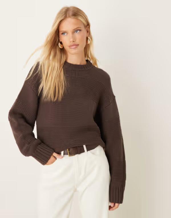 ジーナトリコ レディース アウター ニット・セーター クルーネック Gina Tricot crew neck textu red stripe stitchunky knitted sweater Brown ブラウン｜ReVida 店