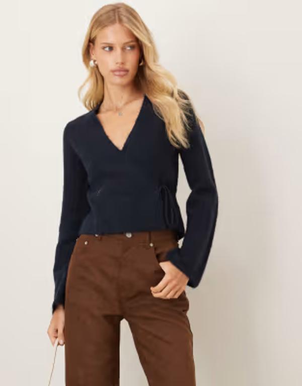 ジーナトリコ レディース アウター カーディガン ウール ニット Gina Tricot long sleeve knit wool alpaca wrap cardiga navy blue ネイビー|ReVida 店
