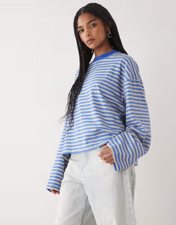ライオネス レディース トップス Tシャツ クルーネック コットン Lioness Bloom cotton blend long sleeve crew neck boxy T-shirt in mickey blue stripe Blue stripe ブルー｜ReVida 店