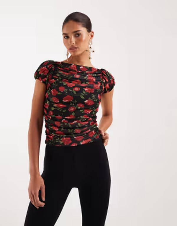 ジーナトリコ レディース トップス Tシャツ プリント メッシュ Gina Tricot puff short sleeve mesh top with red rose print Black ブラック｜ReVida 店