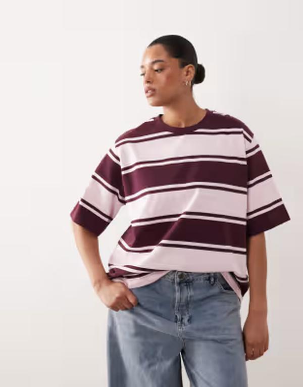 アレンジ レディース トップス Tシャツ ARRANGE Curve oversized premium heavyweight-shirt and burgundy stripe Pink/burgundy バーガンディ|ReVida 店