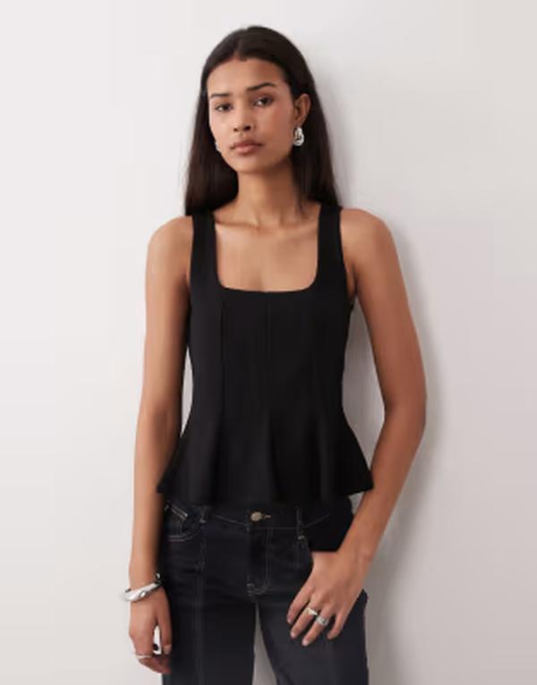 ジーナトリコ レディース トップス Tシャツ Gina Tricot square neck peplum top Black ブラック｜ReVida 店