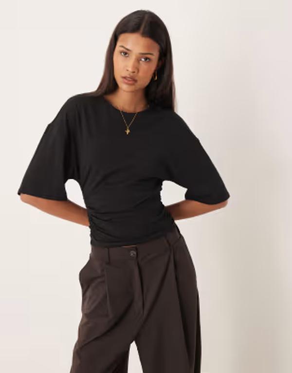 ジーナトリコ レディース トップス Tシャツ ギャザー Gina Tricot Softouch ruched top Black ブラック｜ReVida 店