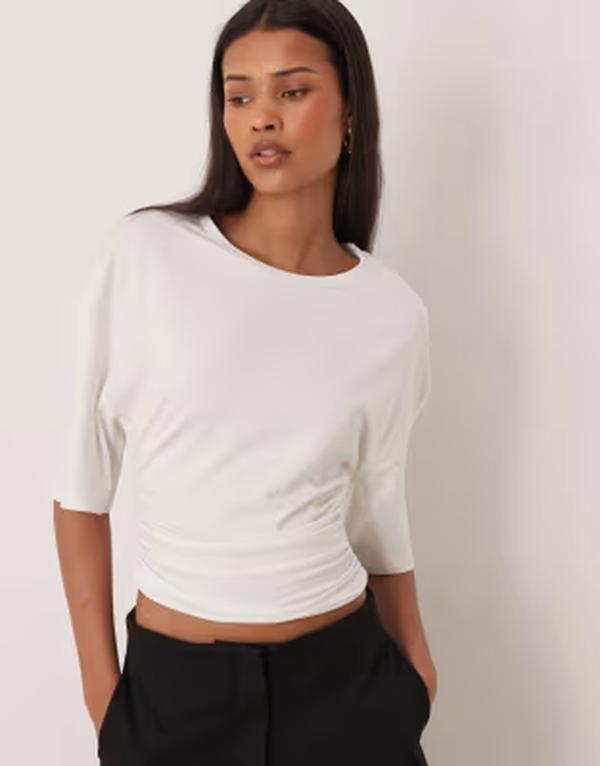 ジーナトリコ レディース トップス Tシャツ ギャザー Gina Tricot Softouch ruched top White ホワイト｜ReVida 店