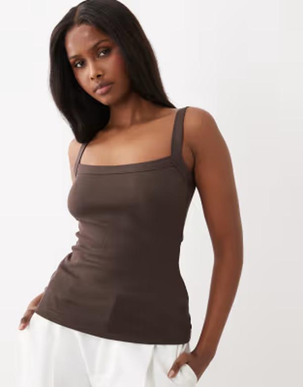 ジーナトリコ レディース トップス Tシャツ リブニット Gina Tricot rib knitank top Brown ブラウン｜ReVida 店