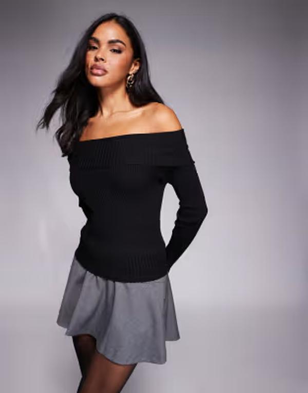 プリンセスポリー レディース トップス シャツ リブニット Princess Polly Morley rib knit off the shoulder thumb hole top Black ブラック|ReVida 店