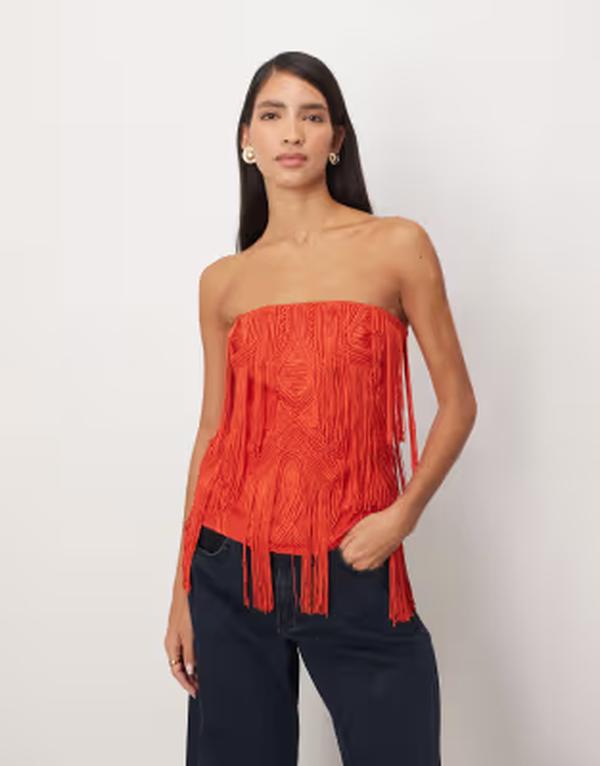 アレンジ レディース トップス シャツ 刺繍 フリンジ ARRANGEmbroide red cornelli fringe bandeau top RED レッド｜ReVida 店
