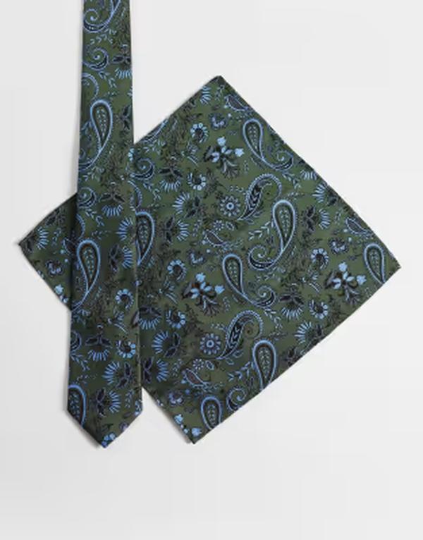 エイソス メンズ アクセサリー ネクタイ フラワー柄 コントラスト フラワー ASOS DESIGN floral tie with contrast blue stitching and pocket square GREEN グリーン｜ReVida 店
