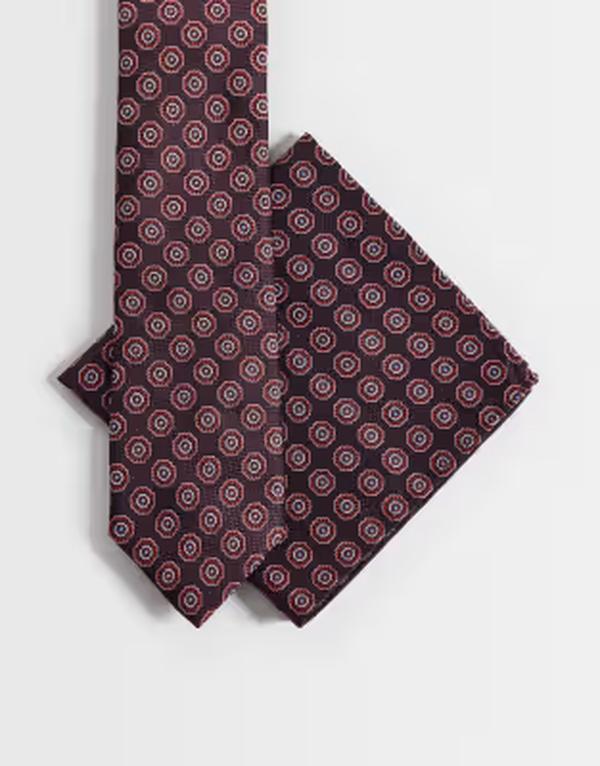 エイソス メンズ アクセサリー ネクタイ ヴィンテージ ASOS DESIGN vintageometric pattern tie and pocket square Burgundy バーガンディ｜ReVida 店