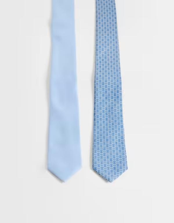エイソス メンズ アクセサリー ネクタイ サテン ASOS DESIGN 2 pack geometric pattern and satin tie BLUE ブルー｜ReVida 店