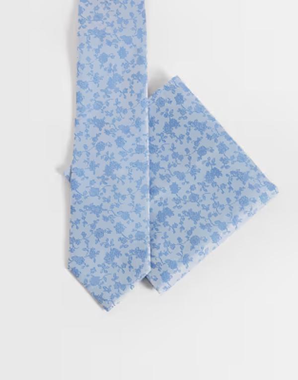 エイソス メンズ アクセサリー ネクタイ フラワー柄 フラワー ASOS DESIGN woven floral tie and pocket square in light BLUE ブルー｜ReVida 店