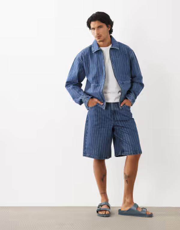 エイソス メンズ ボトムス 二分の一ズボン下・さる股引き ジーンズ ASOS DESIGN loose denim striped jorts インチ mid wash blue - part of a set Mid wash blue 青色