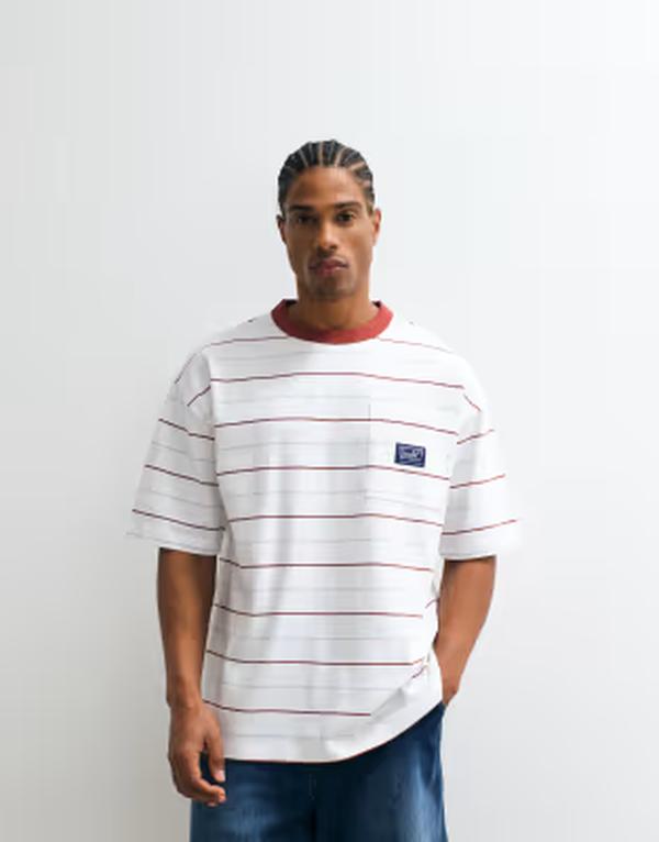 エイソス メンズ トップス Tシャツ プリント ASOS DESIGN heavyweight oversized T-shirt striped print White Stripe ホワイト｜ReVida 店