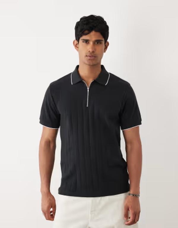エイソス メンズ トップス スポーツシャツ レギュラー相応う ASOS DESIGN regular fit polo with zip wide riblack 黒いこと