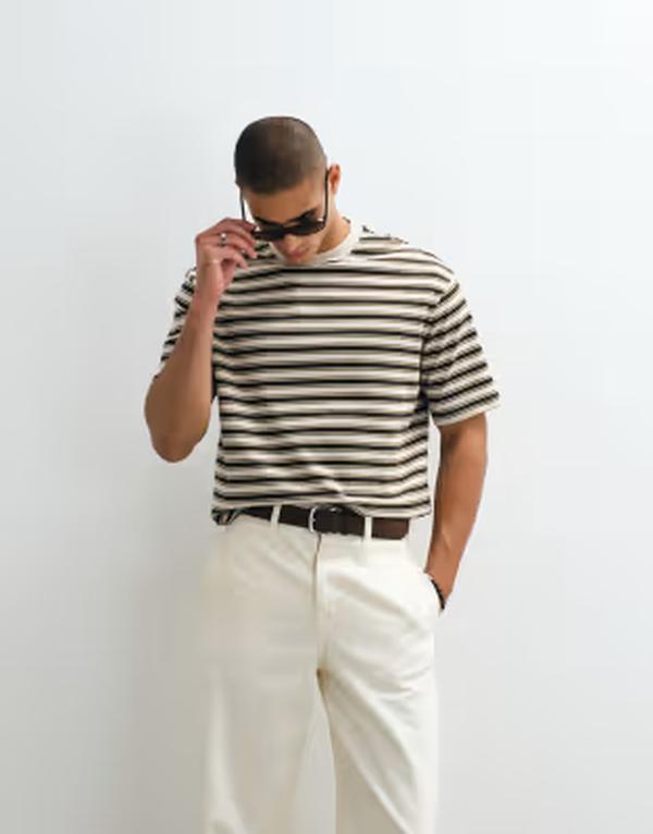 セレクティッド メンズ トップス Tシャツ Selected heavyweight oversized stripe T-shirt in multi Oatmeal オートミール|ReVida 店