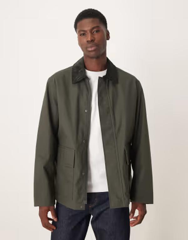 アルケット メンズ アウター ジャケット・ブルゾン コントラスト コットン ARKET waxed cotton jacket with contrast cord collar in dar khaki dar khaki green グリーン|ReVida 店