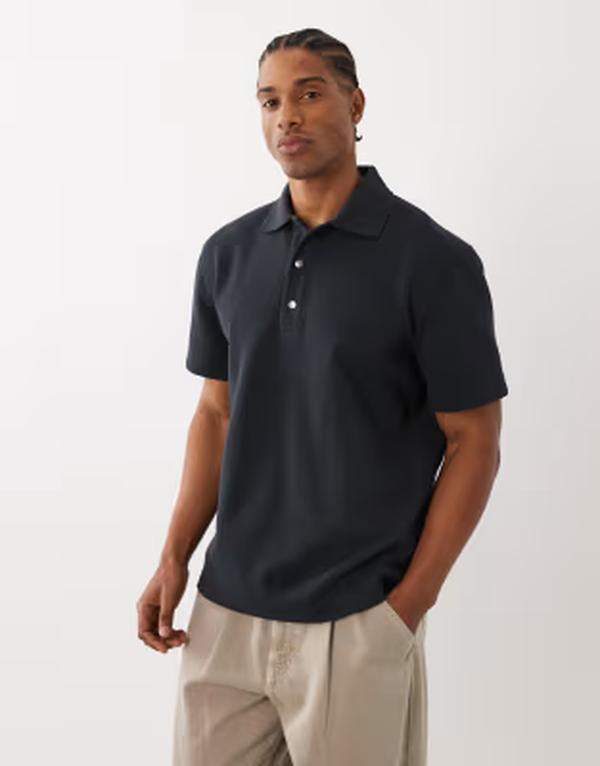 アルケット メンズ トップス Tシャツ ポロシャツ コットン ニット ARKET cotton rich short sleeve waffle knit polo shirt in off Black ブラック|ReVida 店