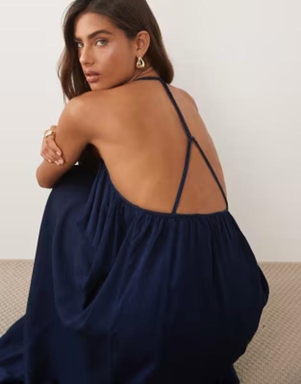 マンゴ レディース トップス ワンピース Mango strappy flowy midaxi dress in dark BLUE ブルー｜ReVida 店