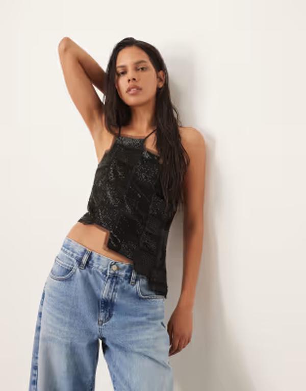 アレンジ レディース トップス シャツ アシンメトリー ARRANGEmbellished asymmetric top with raw edges Black ブラック｜ReVida 店