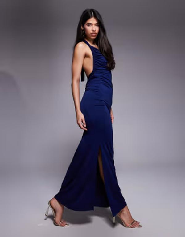 アリアコーブ レディース トップス ワンピース アシンメトリー マキシ ホルター Aria Cove double laye red slinky asymmetric halterneck low twist back maxi dress NAVY ネイビー｜ReVida 店