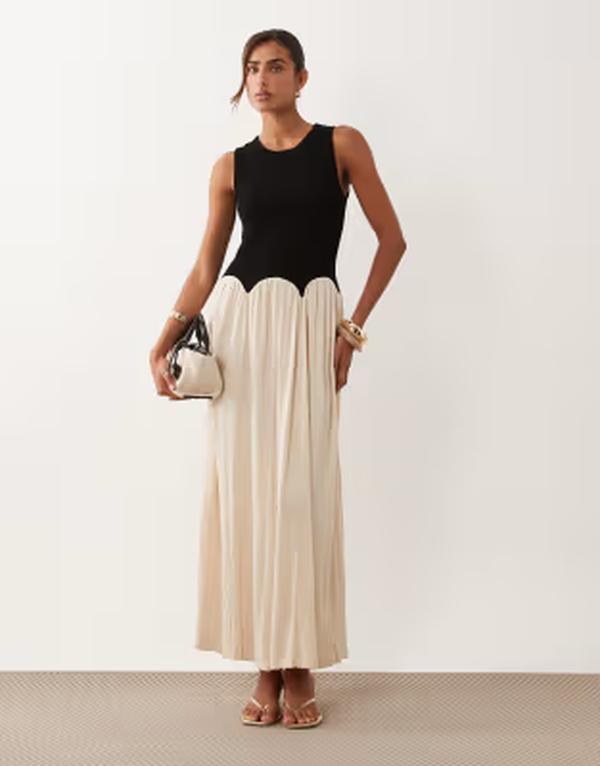 エイソス レディース トップス ワンピース ミディ ASOS DESIGN color block crinkle midi dress & cream Black & Cream クリーム｜ReVida 店
