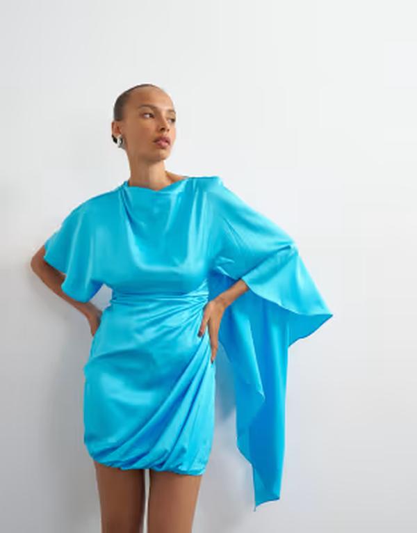 トップショップ レディース トップス ワンピース ケープデザイン ドレープ ミニ サテン キャップ ケープ Topshop satin cape sleeve draped mini dress in electric Blue ブルー|ReVida 店