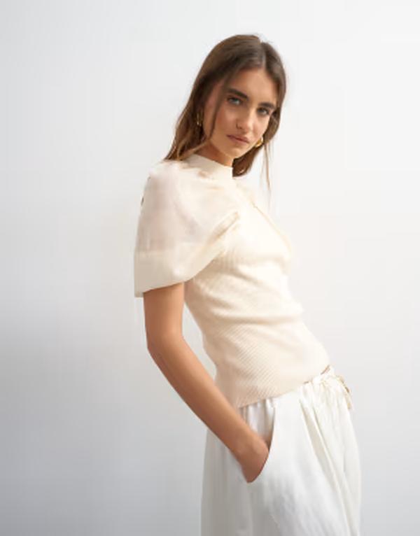 トップショップ レディース トップス ベスト シアー Topshop short sleeve sheer gathe red top IVORY アイボリー|ReVida 店