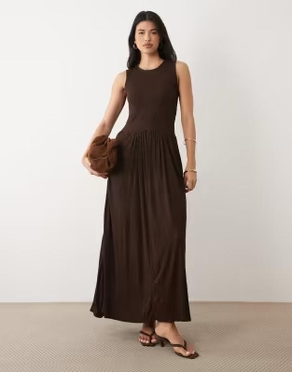 エイソス レディース トップス ワンピース ミディ ASOS DESIGN color block crinkle midi dress in chocolate チョコレート｜ReVida 店 15,106円