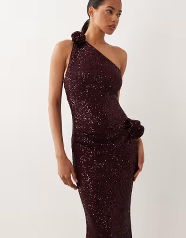 エイソス レディース トップス ワンピース ミディ スパンコール ASOS DESIGN one shoulder sheet sequin midi dress with swirled corsage details in berry｜ReVida 店 23,616円