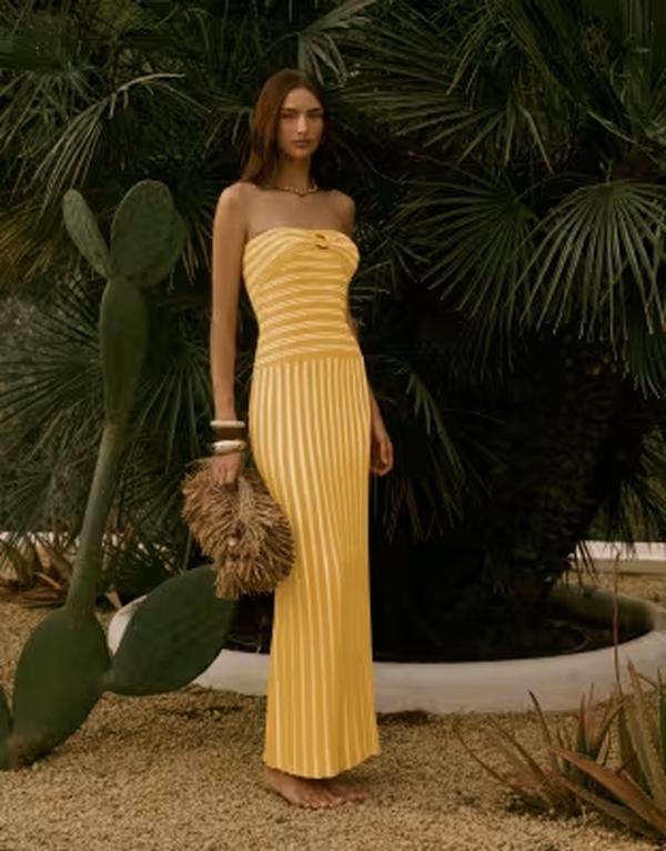 フォース&レックレス レディース トップス ワンピース プリント ニット マキシ 4th & Reckless knit bandeau resin ring drop waist pleat hemaxi beach dress in yellow striped print YELLOW イエロー|ReVida 店