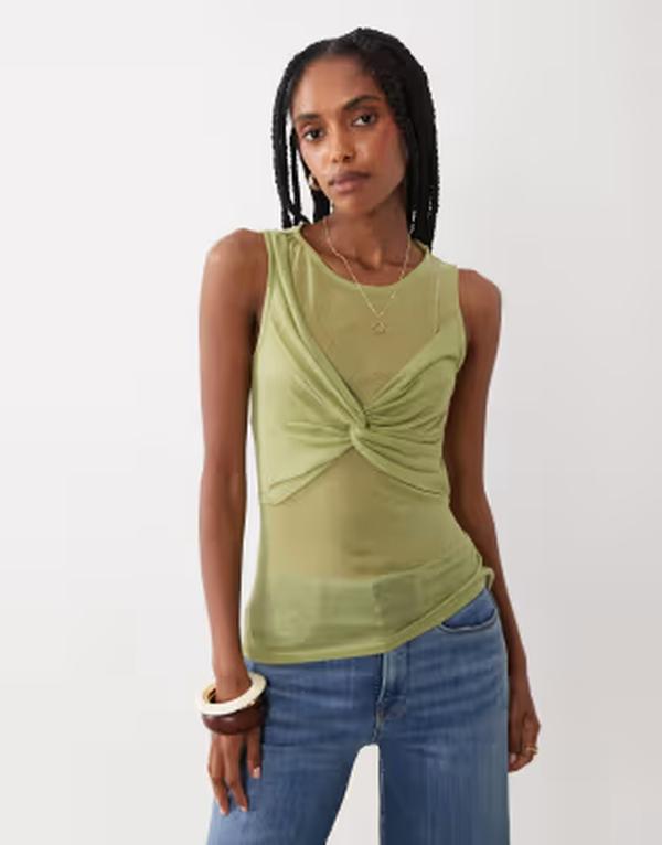 エイソス レディース トップス タンクトップ セミシアー ギャザー オーバーレイ シアー ASOS DESIGN soft semi sheer tank with ruched bust overlay Green グリーン｜ReVida 店