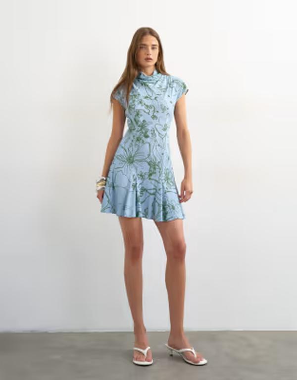 トップショップ レディース トップス ワンピース フラワー柄 フラワー Topshop viscose grown on sleeve dress and green sketchy floral Blue and green ブルー｜ReVida 店