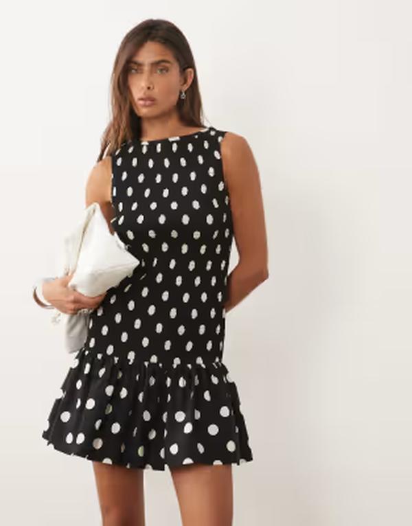 エイソス レディース トップス ワンピース ドット柄 ドット ミニ ASOS DESIGN shirredrop waist mini dress polka dot Black based spot ブラック｜ReVida 店