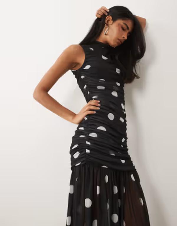 エイソス レディース トップス ワンピース ドット柄 ドット プリント ギャザー ASOS DESIGN printed polka dot ruchedrop waist circle dress with grown ineck and Black and white spot ホワイト|ReVida 店