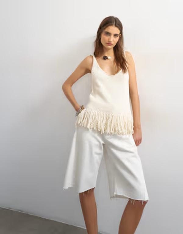 トップショップ レディース トップス ベスト ニット フリンジ Topshop knit fringe top in ecru エクリュ｜ReVida 店