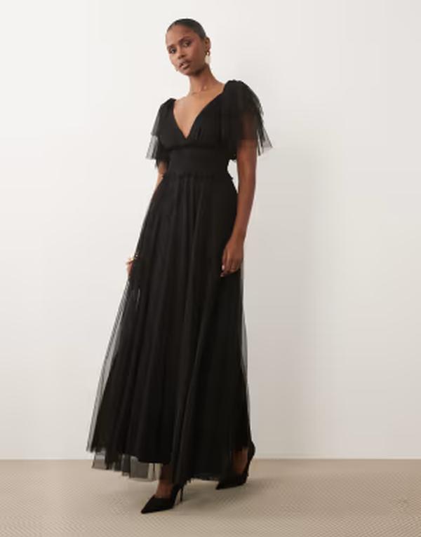 レース アンド ビーズ レディース トップス ワンピース Vネック メッシュ マキシ Lace & Beads Bridesmaid shir red waist v neck mesh flutter sleeve maxi dress Black ブラック|ReVida 店