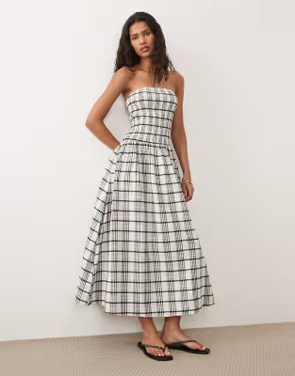 ブレーブソウル レディース トップス ワンピース ミディ ストラップレス Brave Soul seersucker strapless midi dress with shir red bodice in all over plaid Black check ブラック｜ReVida 店