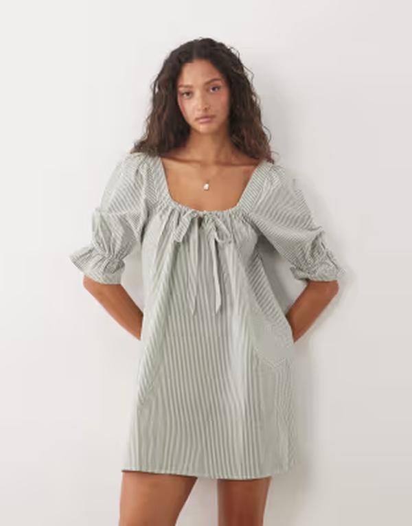 ブレーブソウル レディース トップス ワンピース ミニ Brave Soul mini dress with puff sleeves and white stripes Green Stripe グリーン｜ReVida 店