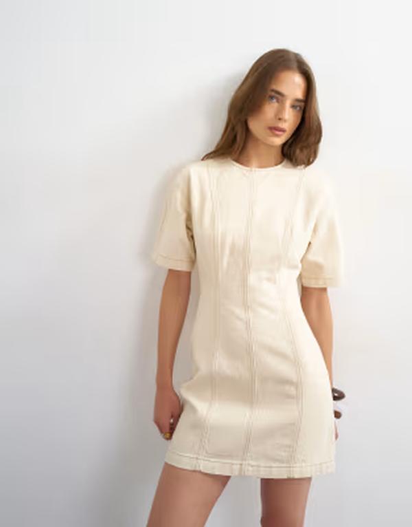 トップショップ レディース トップス ワンピース ミニ デニム Topshop denim short sleeve mini dress in bone デニム｜ReVida 店 21,075円