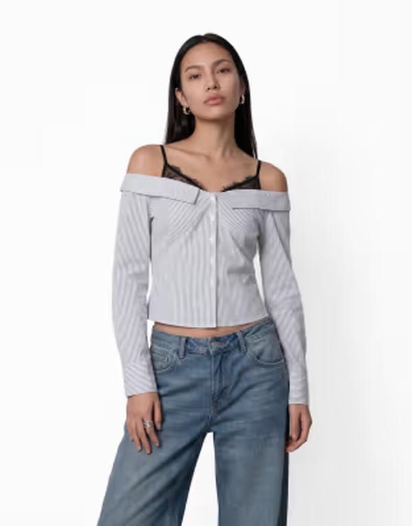 ノイジーメイ レディース トップス シャツ レース Noisy May bardot shirt with lace insert Bright White ホワイト｜ReVida 店
