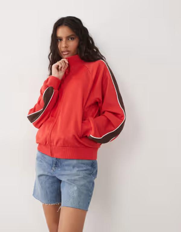 エイソス レディース アウター ジャケット・ブルゾン スタンドネック ASOS DESIGN tricot zip up funnel neck jacket - part of a set RED レッド｜ReVida 店