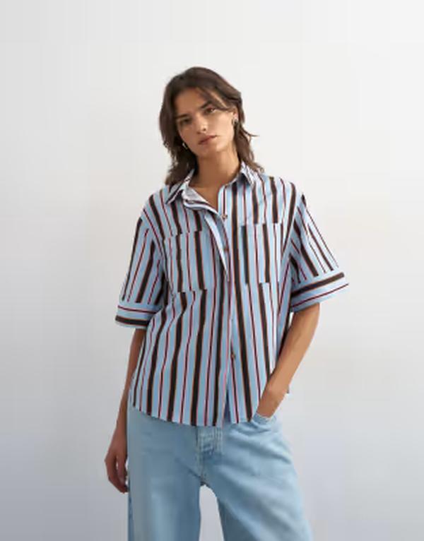 トップショップ レディース トップス タンクトップリント シャツ Topshop camp collar boxy shirt striped print Blue stripe ブルー｜ReVida 店