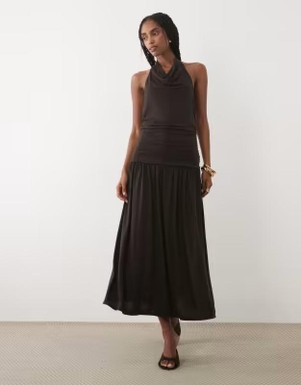 マンゴ レディース トップス ワンピース マキシ ホルター Mango cowl neck halterneck drop waist maxi dress BROWN ブラウン｜ReVida 店