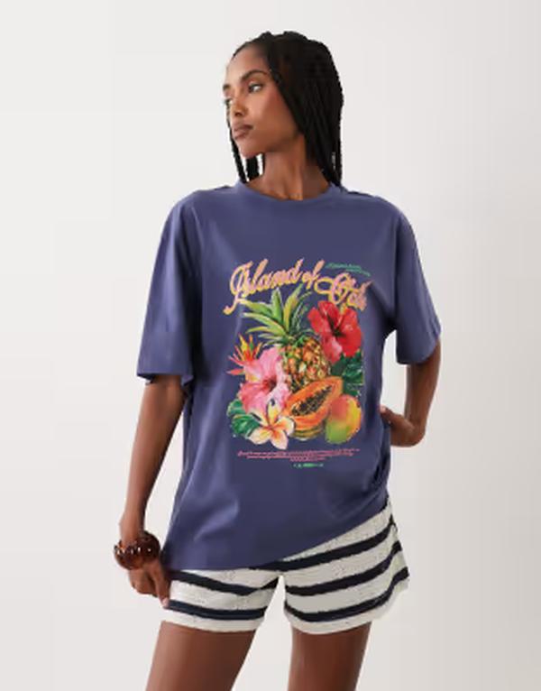 エイソス レディース トップス Tシャツ グラフィック ASOS DESIGN oversized T-shirt with Oahu tropical fruit graphic BLUE ブルー|ReVida 店