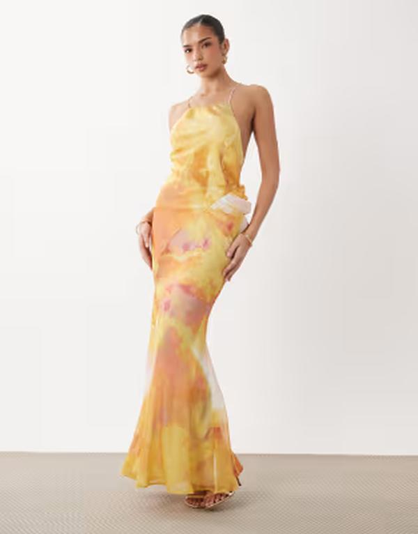 エイソス レディース トップス ワンピース シフォン サテン マキシ ASOS DESIGN square neck satin-chiffon mix maxi dress in yellow abstract Yellow Abstract イエロー｜ReVida 店 25,776円