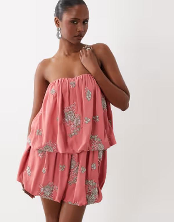 エイソス レディース トップス ワンピース ミニ ASOS DESIGN embellished bubble laye red mini dress pink ピンク｜ReVida 店