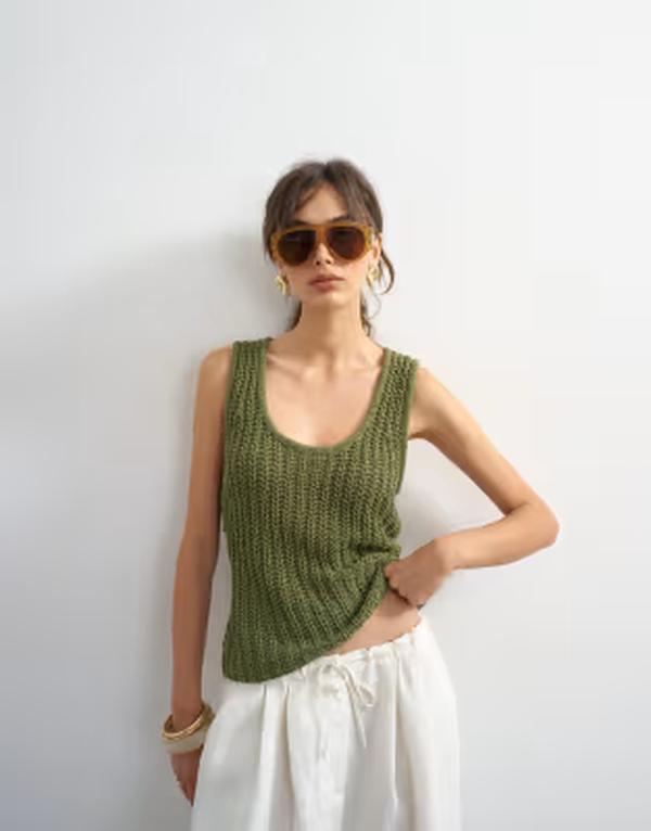 トップショップ レディース トップス ベスト ニット Topshop knit low scoop crochetank top Khaki カーキ|ReVida 店