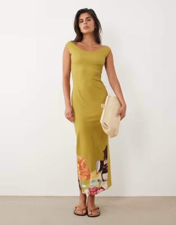 エイソス レディース トップス ワンピース プリント ミディ レース ASOS DESIGN boat neck midi placement print dress Multi マルチカラー｜ReVida 店