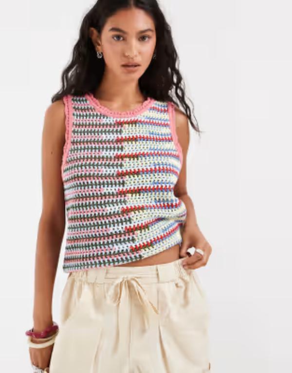 オブジェクト レディース トップス ベスト ノースリーブ Object sleevelesstitch detail crochetank in multicolor Begonia Pink Multi ピンク｜ReVida 店